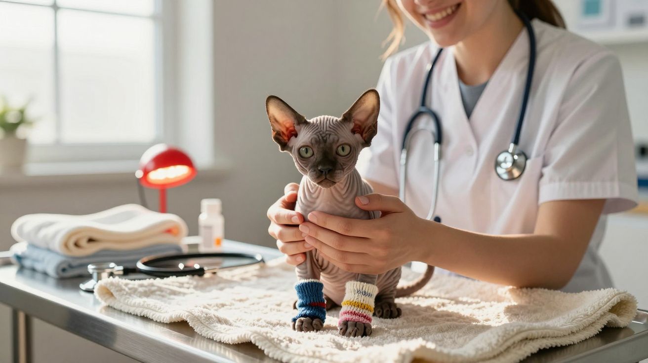 Veterinária a examinar gato Sphynx com meias coloridas numa mesa de consulta num consultório.