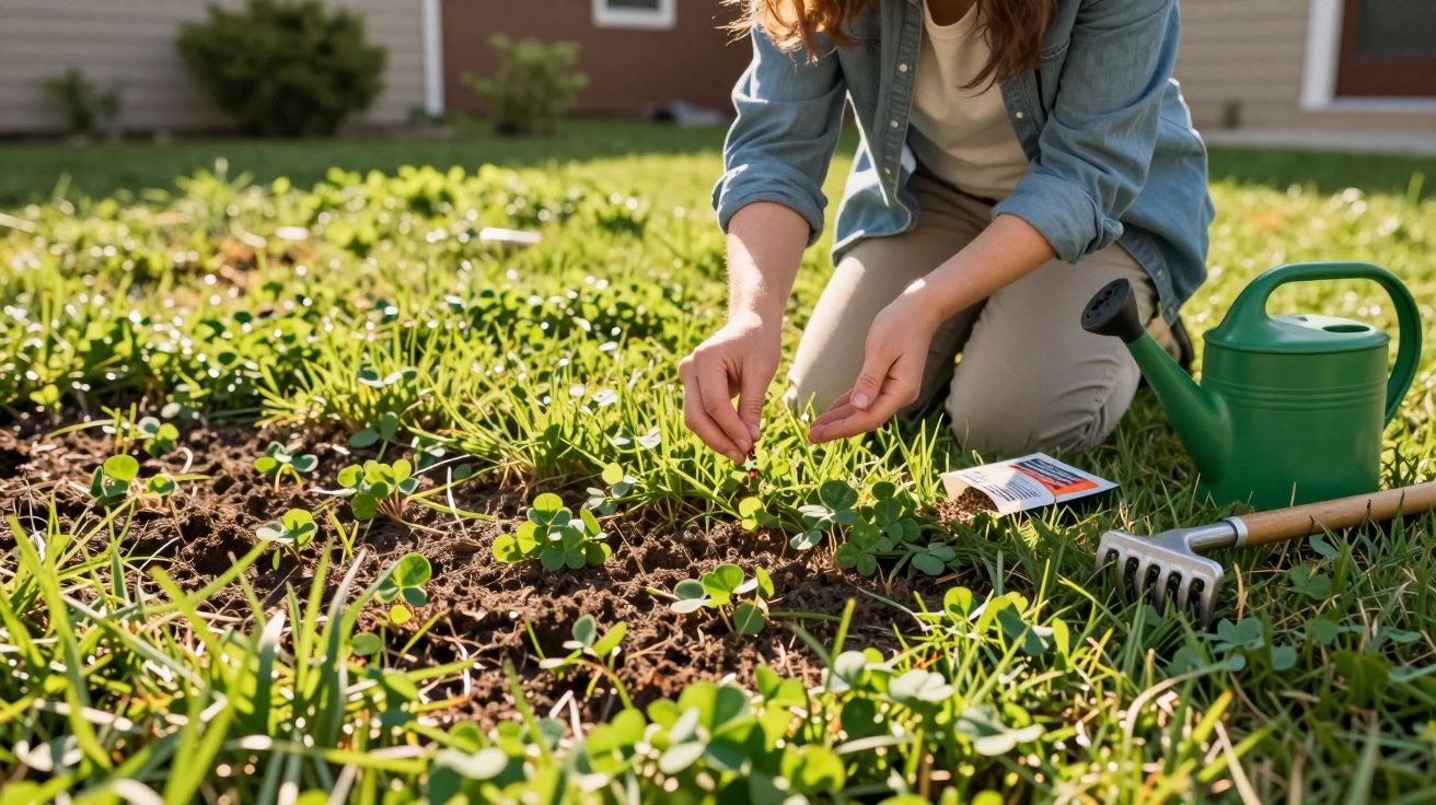 Pessoa a cuidar de plantas jovens numa horta com regador e ancinho ao lado, em dia ensolarado.