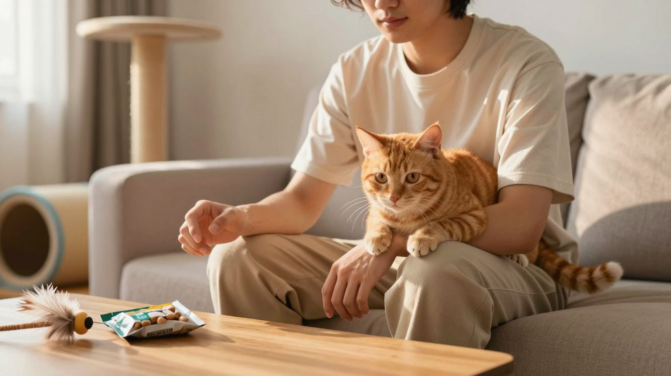 Pessoa sentada no sofá com gato laranja no colo, ao lado de brinquedo e petiscos numa mesa de madeira.