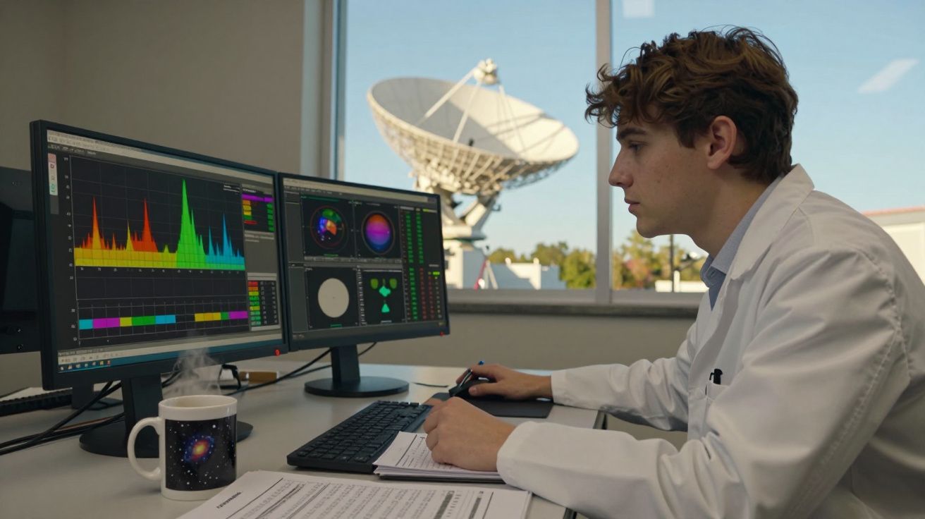 Homem de bata branca a analisar dados em ecrãs com antena parabólica visível pela janela.