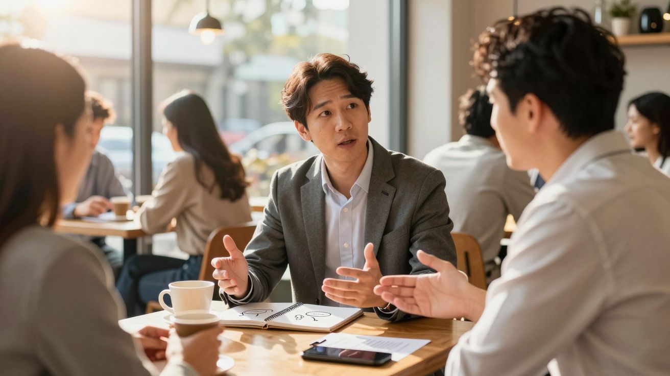 Três pessoas em reunião informal num café, discutindo ideias com caderno e telemóvel na mesa.