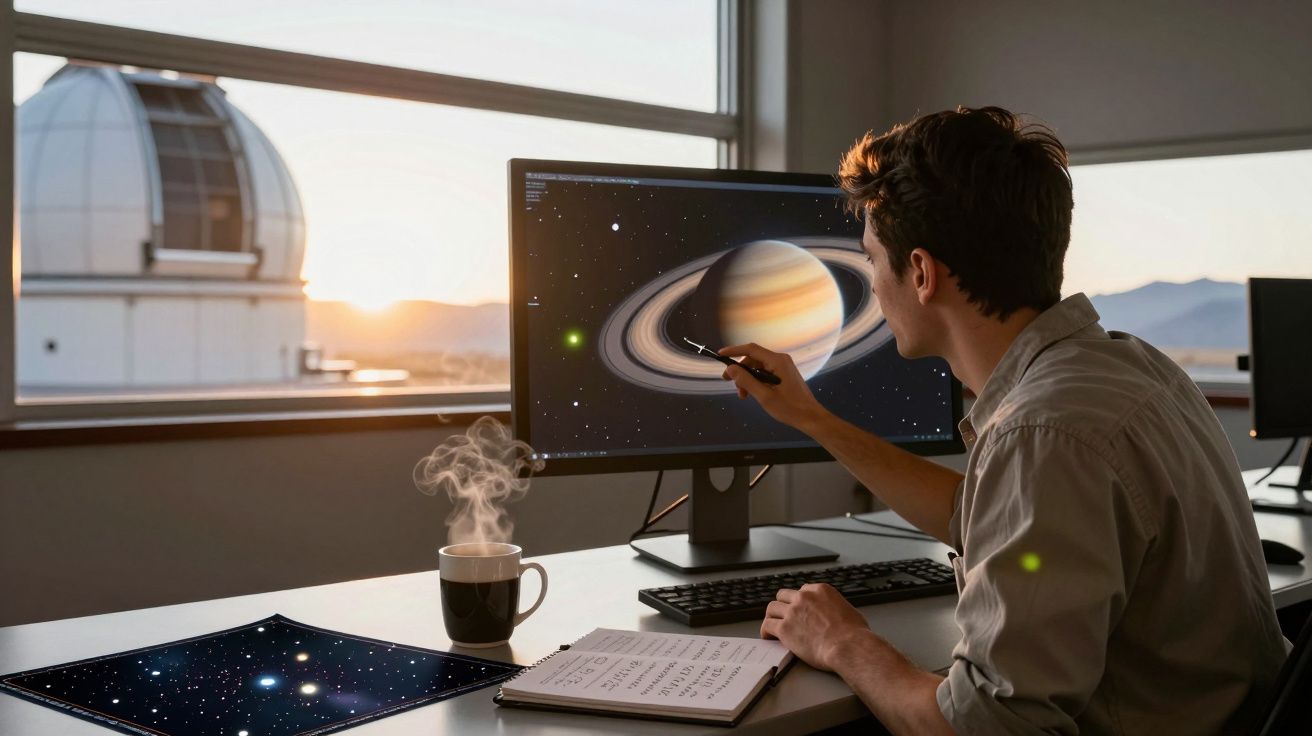 Homem estuda a imagem do planeta Saturno com anéis num computador, com caderno e chá na mesa perto de janela.