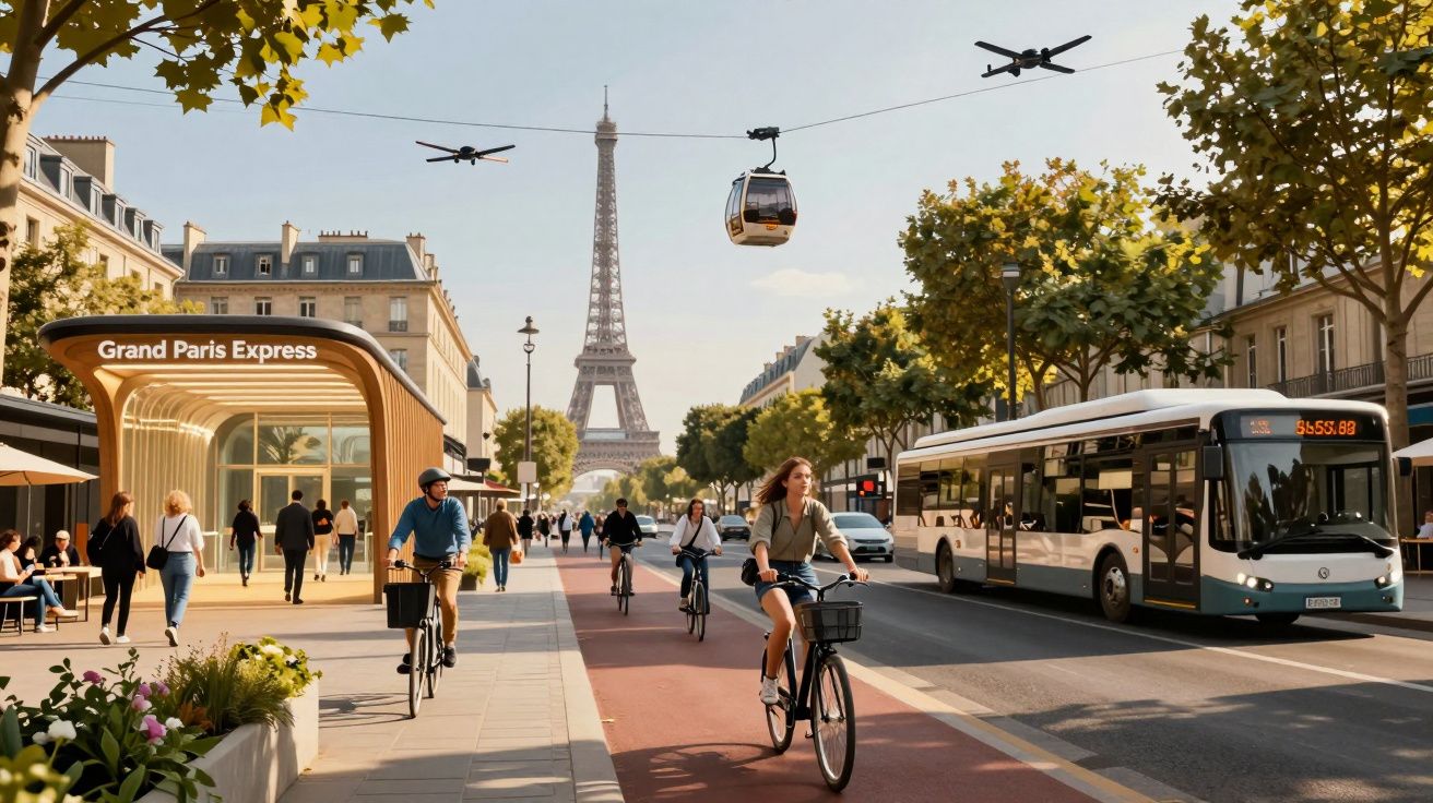 Rua movimentada em Paris com ciclistas, autocarro, cabina de teleférico e a Torre Eiffel ao fundo.