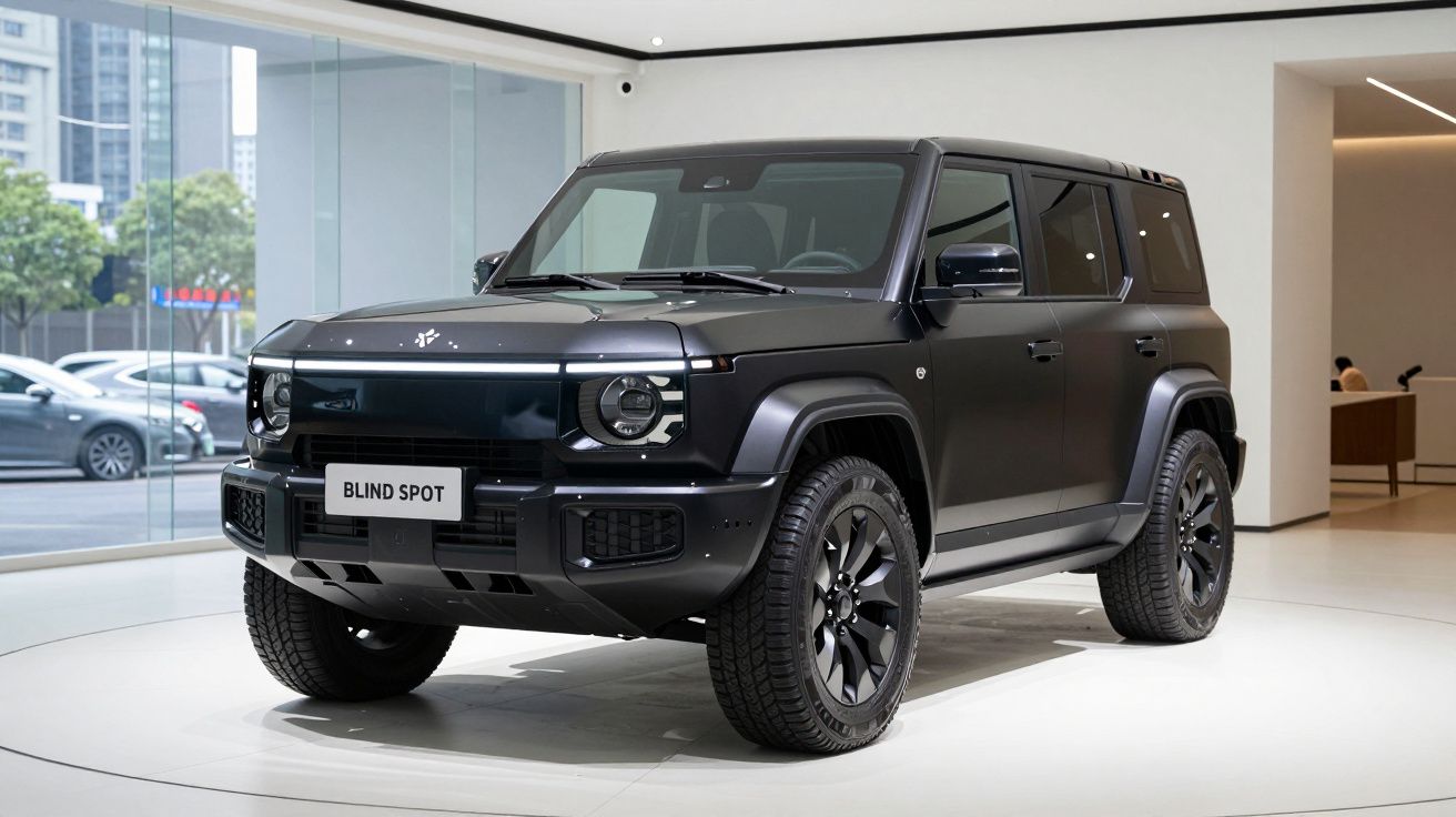 Veículo SUV preto com faróis redondos exposto em salão moderno com paredes claras e janelas de vidro.