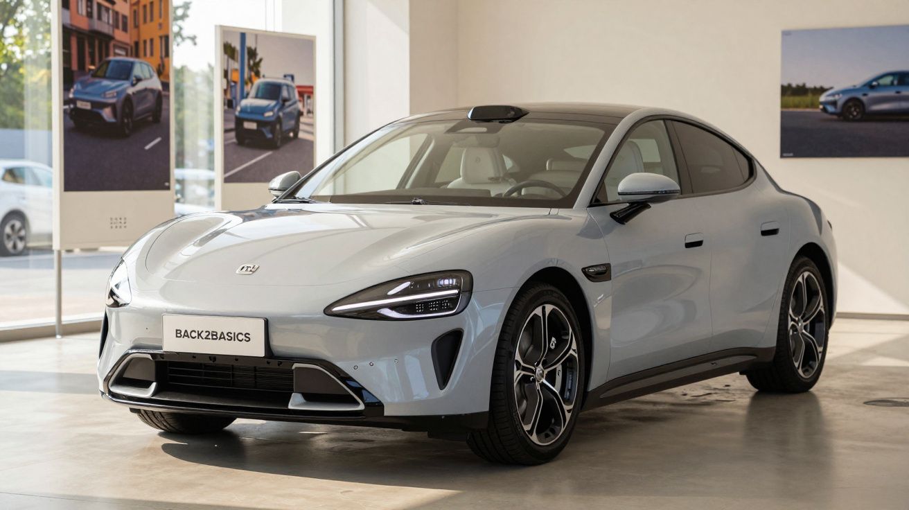 Carro elétrico cinza claro estacionado numa sala de exposição moderna com luz natural.