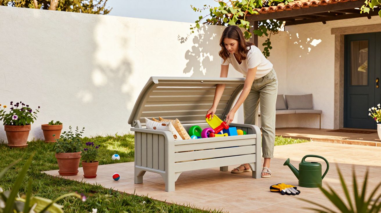 Mulher a guardar brinquedos num baú num pátio exterior com plantas em vasos e regador.