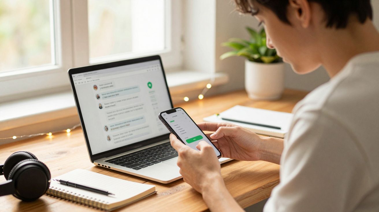 Pessoa a usar telemóvel e computador portátil numa secretária com auscultadores, caderno e planta.