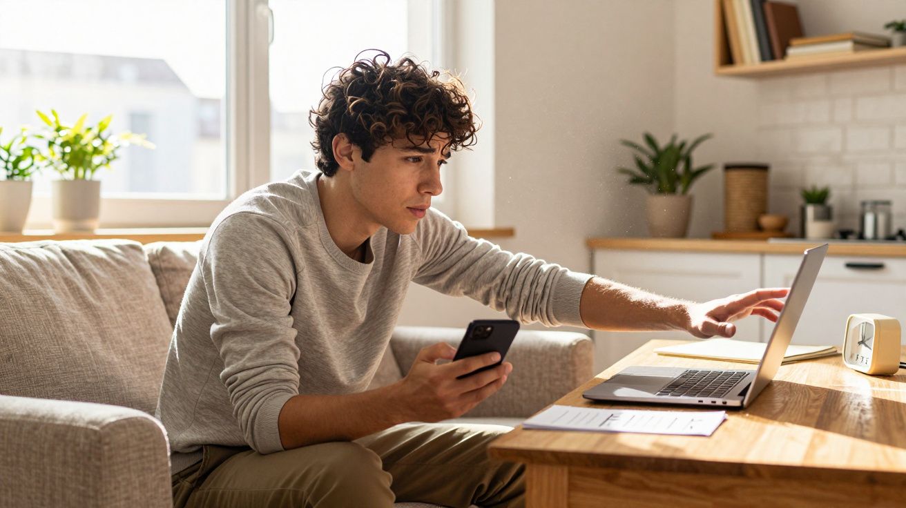 Homem jovem sentado no sofá a usar telemóvel e a tocar no computador portátil numa sala iluminada.