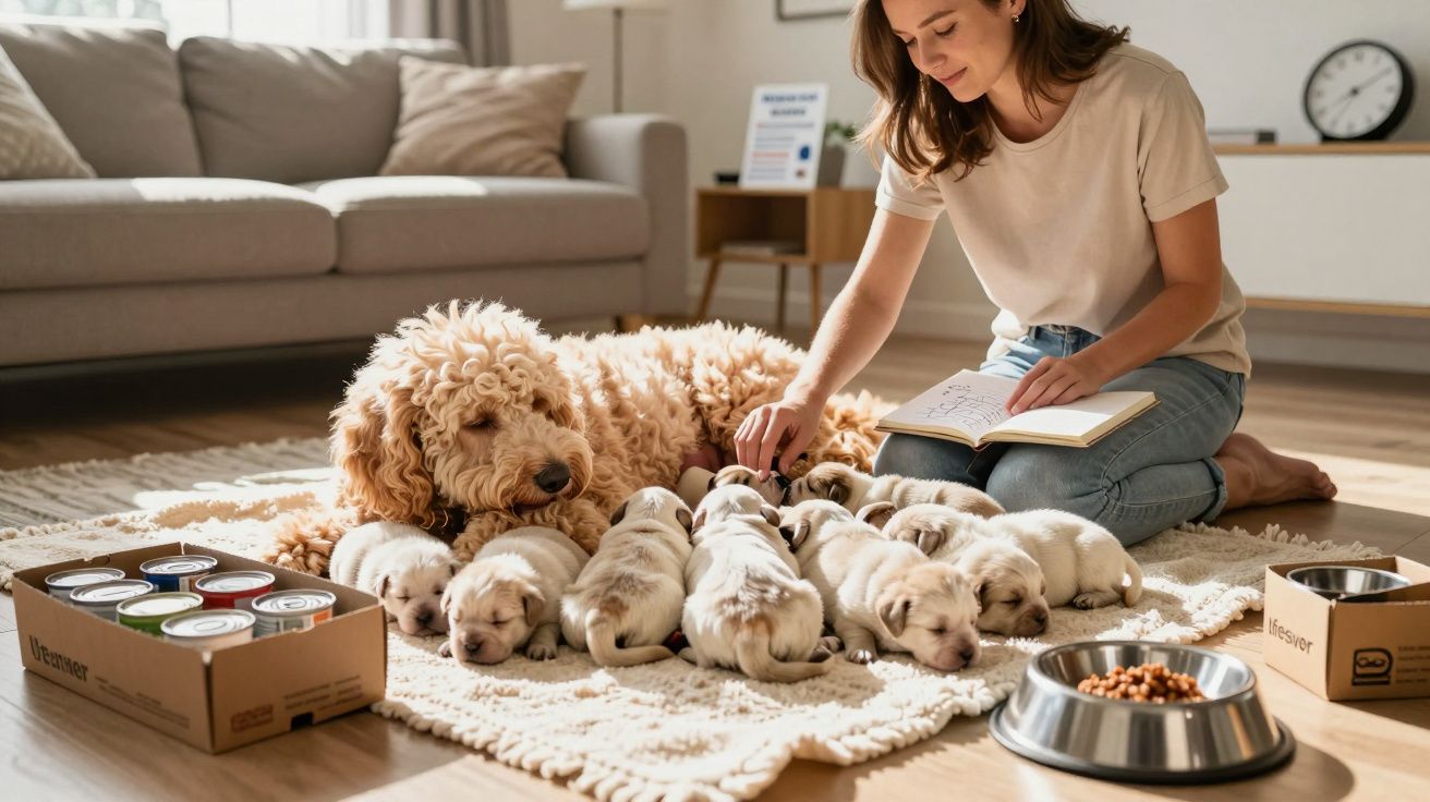 Mulher sentada a acariciar cachorros recém-nascidos ao lado de cão adulto num tapete em sala.