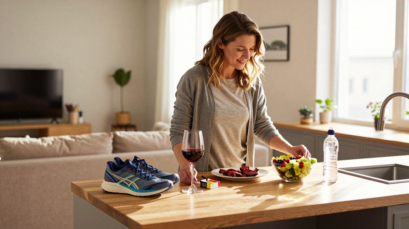 Mulher prepara salada de frutas na cozinha, com copo de vinho, garrafa de água e ténis numa bancada.