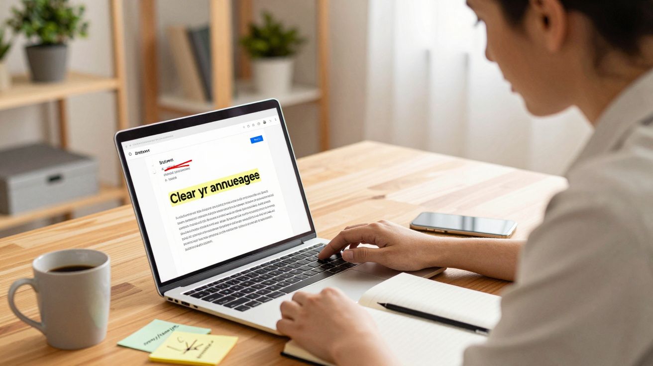 Pessoa a trabalhar num portátil com texto e destaque amarelo numa secretária com chá, telemóvel e caderno.