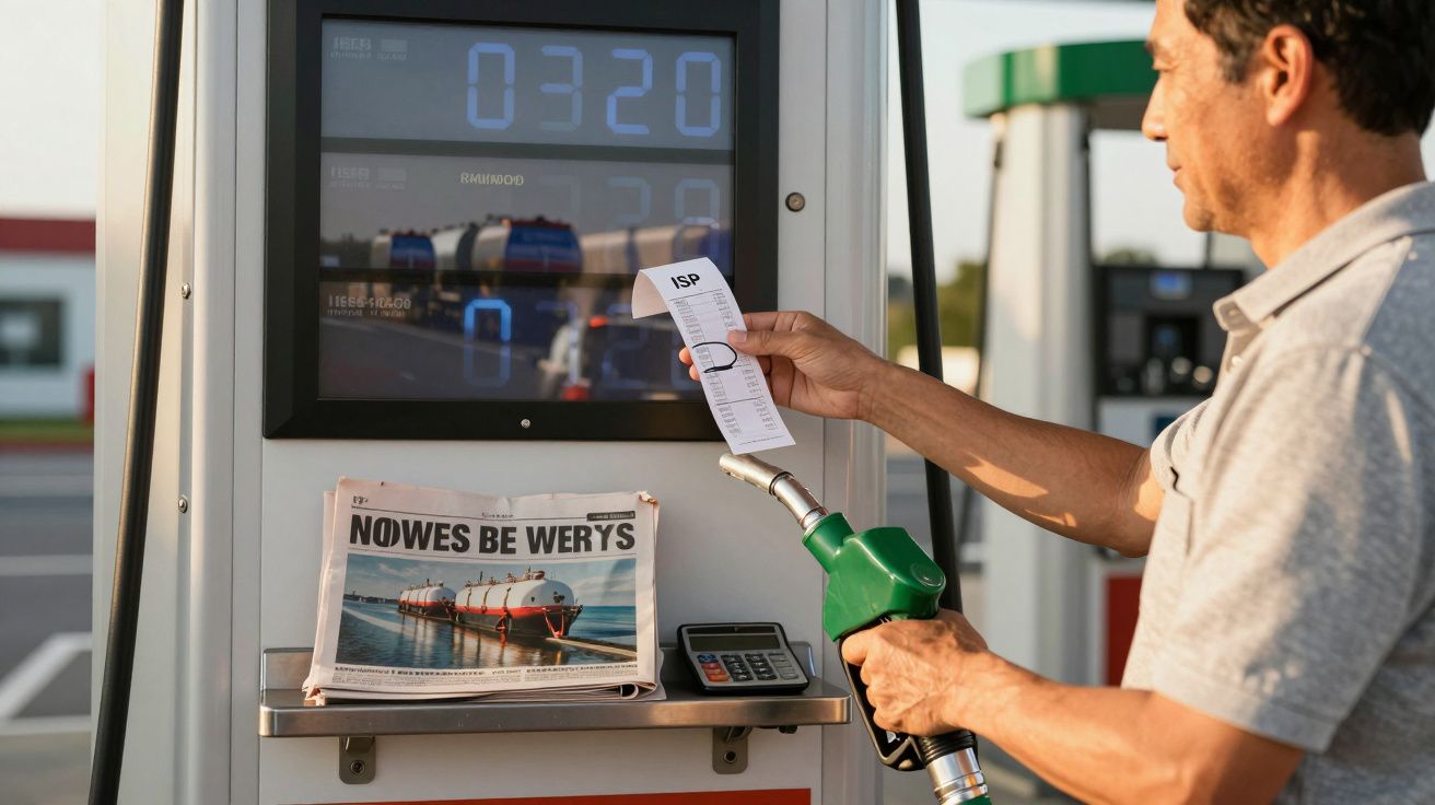 Homem a abastecer carro com combustível num posto, segurando talão de pagamento ISP.