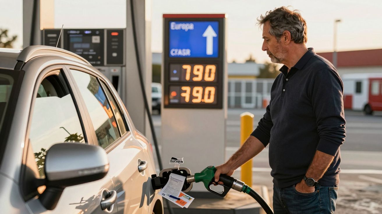 Homem a abastecer carro num posto de combustível com sinal de preços ao fundo.