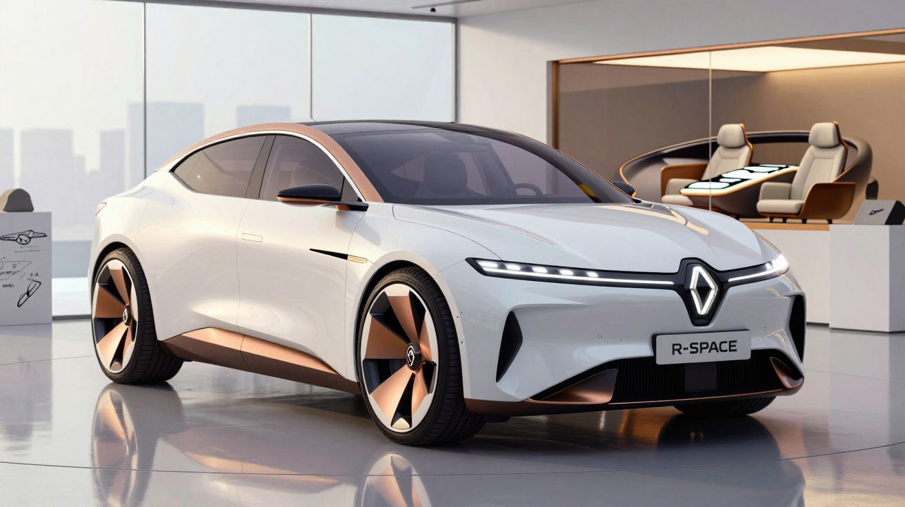 Carro elétrico concept Renault R-Space branco e cobre numa exposição moderna e minimalista.