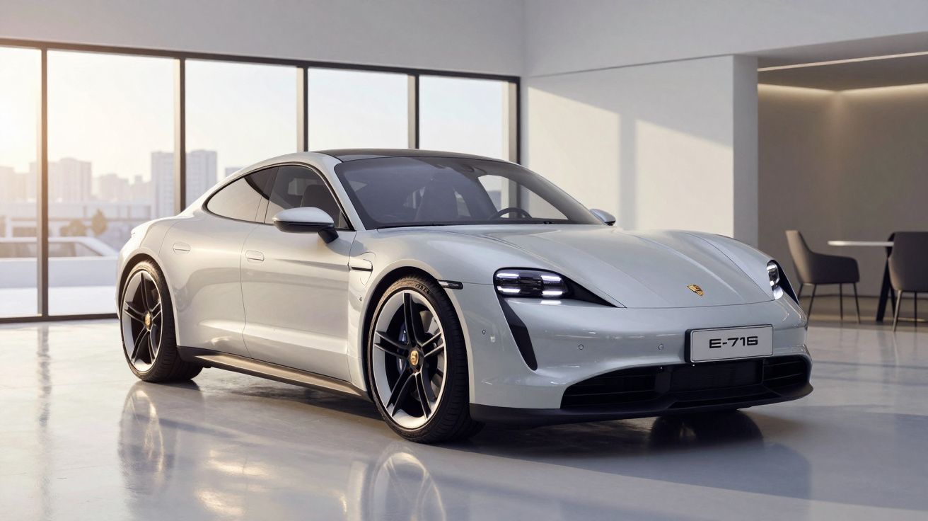 Carro desportivo elétrico branco Porsche E-716 estacionado numa garagem moderna com janelas grandes.