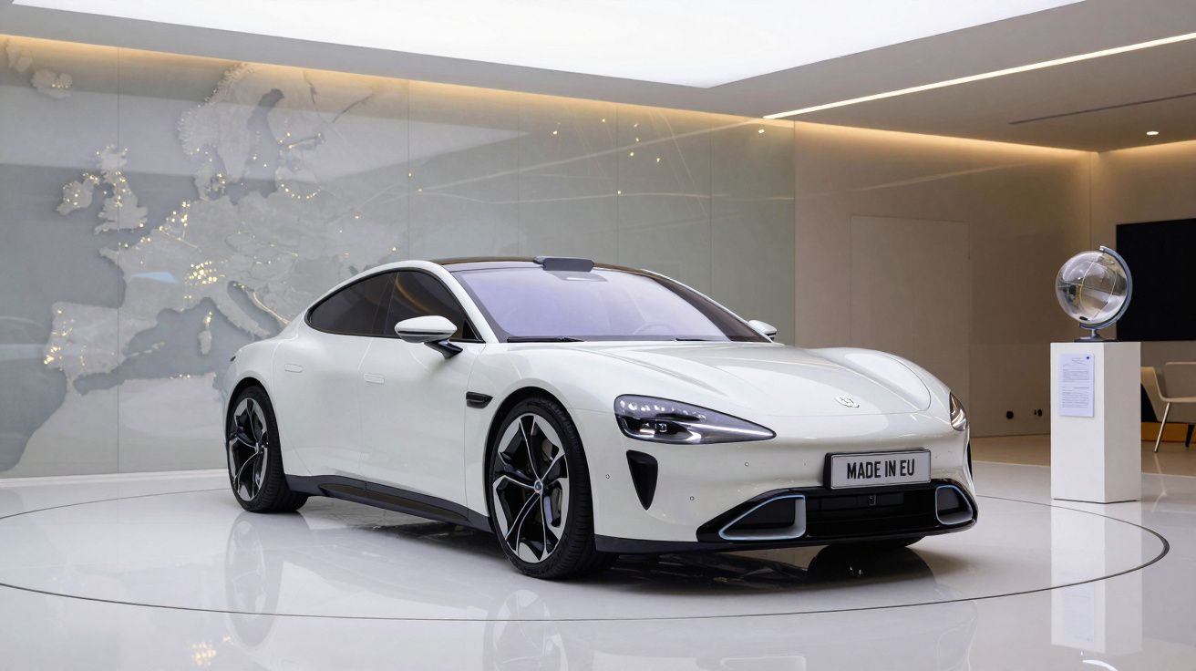 Carro desportivo elétrico branco em exposição numa sala minimalista com mapa da Europa ao fundo.