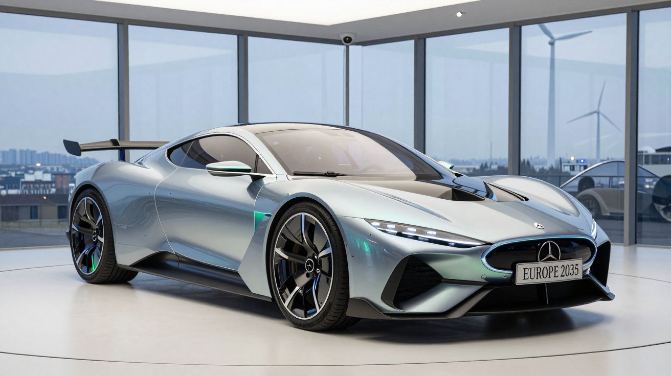 Carro desportivo elétrico prata futurista exposto numa sala com grandes janelas e turbinas eólicas ao fundo.