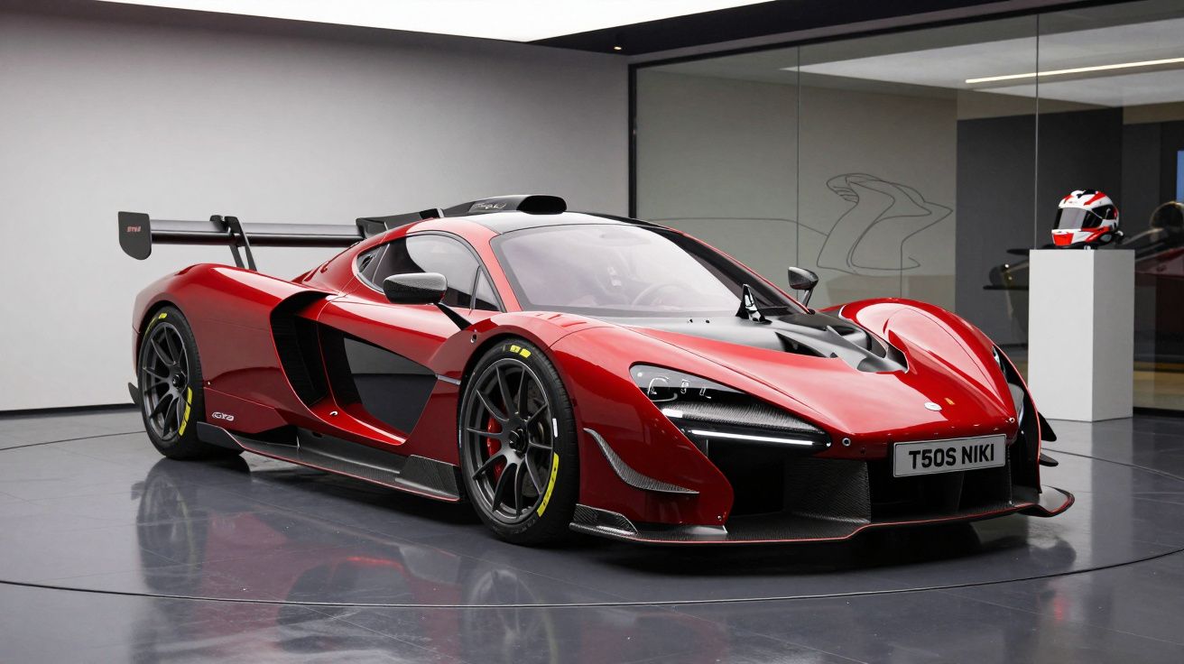Carro desportivo vermelho McLaren Senna GT em exposição numa sala moderna com chão cinza e paredes de vidro.