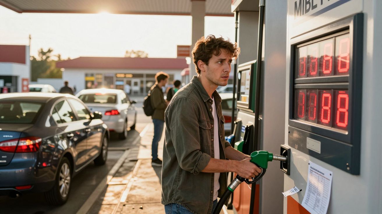 Homem jovem a abastecer combustível no posto de gasolina ao pôr do sol.