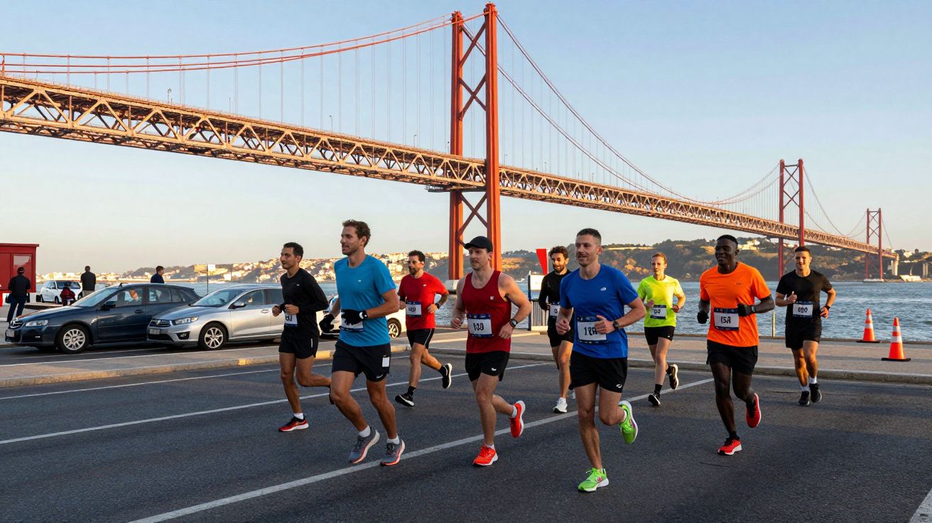 Grupo de corredores em maratona junto ao rio com a Ponte 25 de Abril ao fundo em Lisboa.