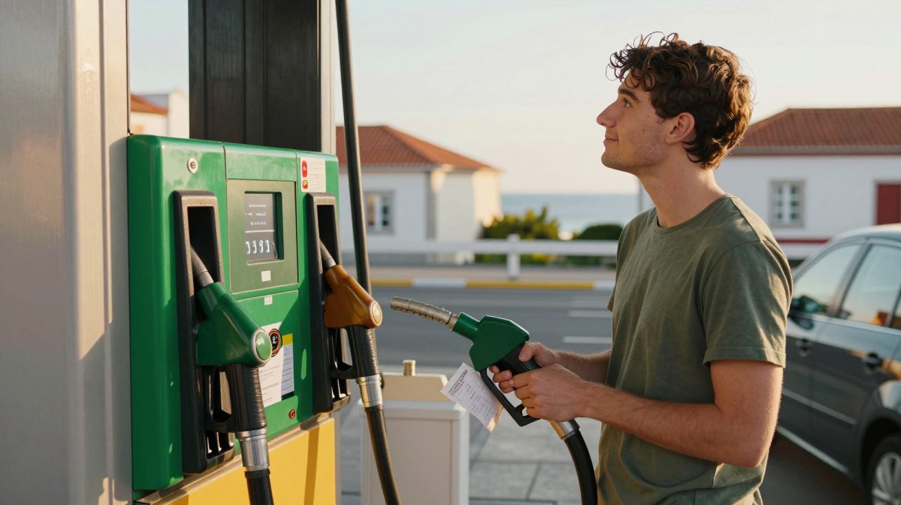 Homem com camisola verde a abastecer combustível num posto de gasolina ao ar livre.