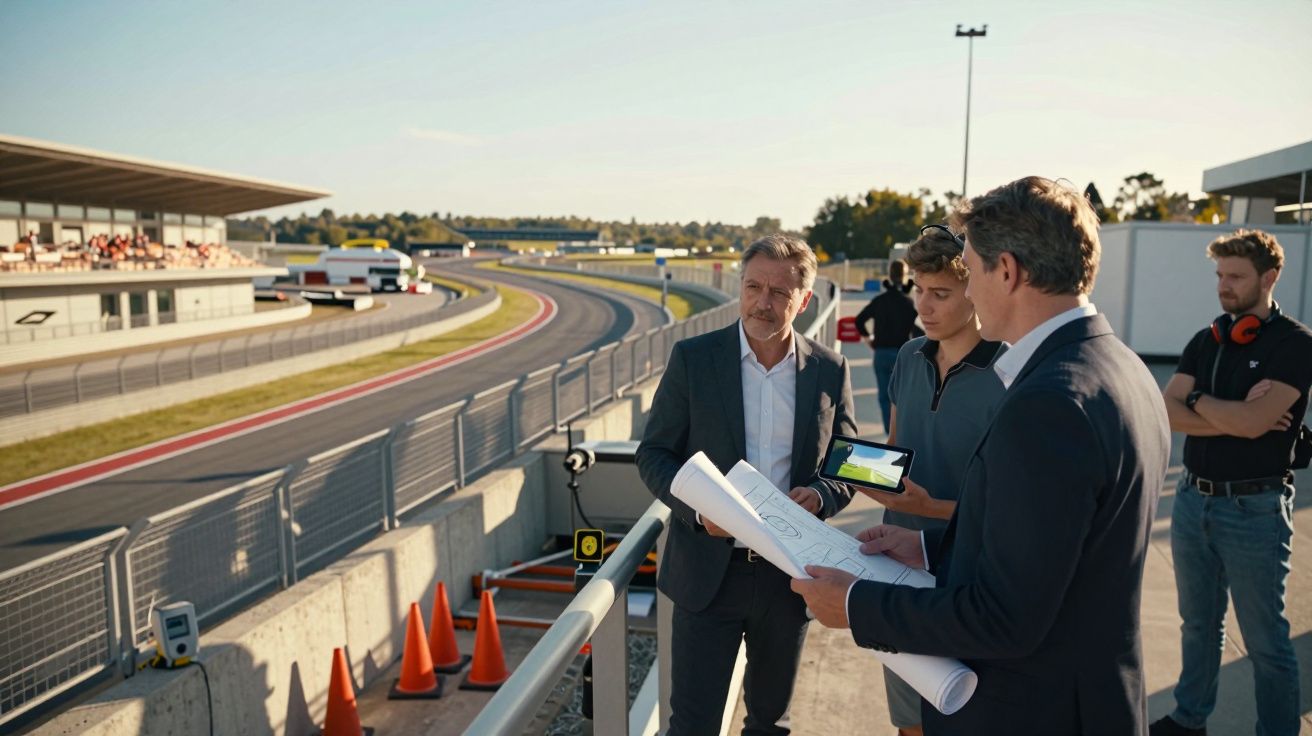 Quatro pessoas analisam planos e dispositivos junto a uma pista de corridas durante o dia.