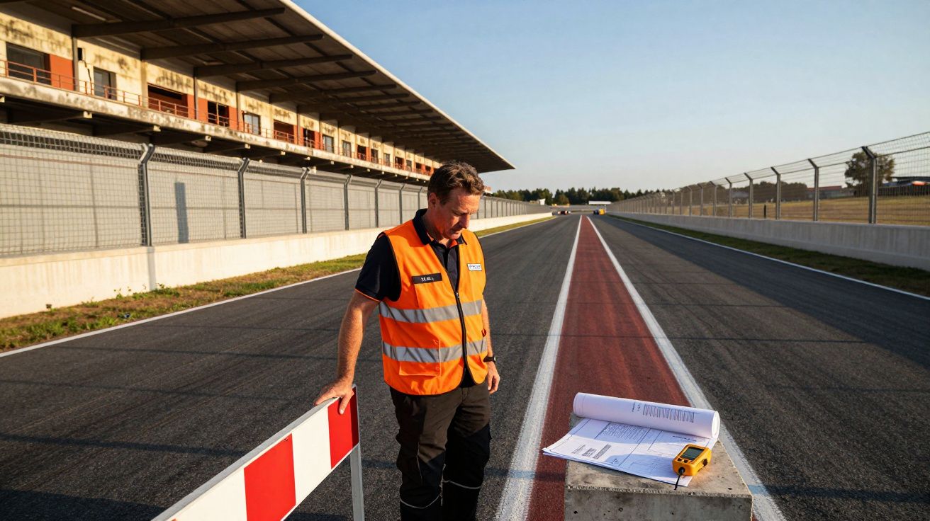 Homem com colete laranja refletor numa pista de corrida, junto a um plano e equipamento sobre uma mesa.
