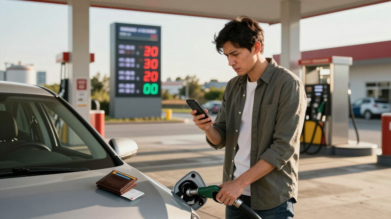 Homem a abastecer carro com gasolina numa bomba de combustível enquanto consulta telemóvel.