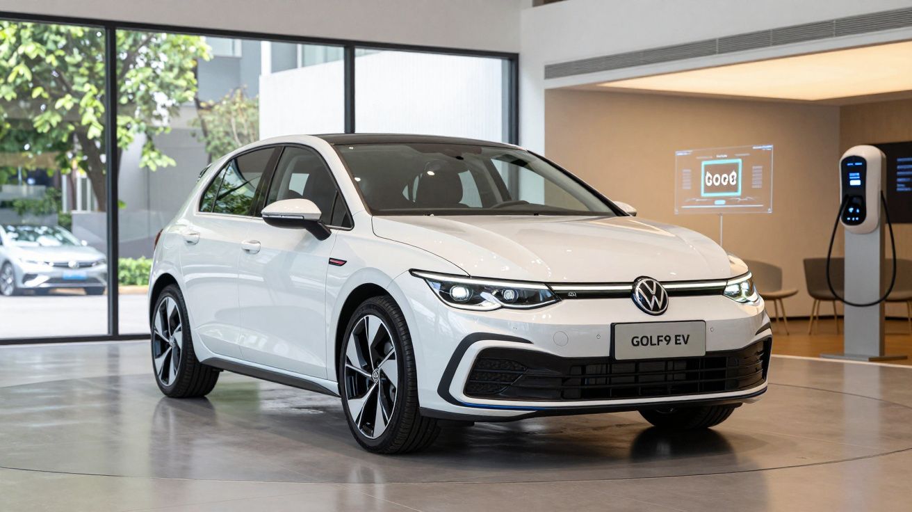 Carro elétrico branco Volkswagen Golf 9 EV estacionado em espaço interior moderno com estação de carregamento.
