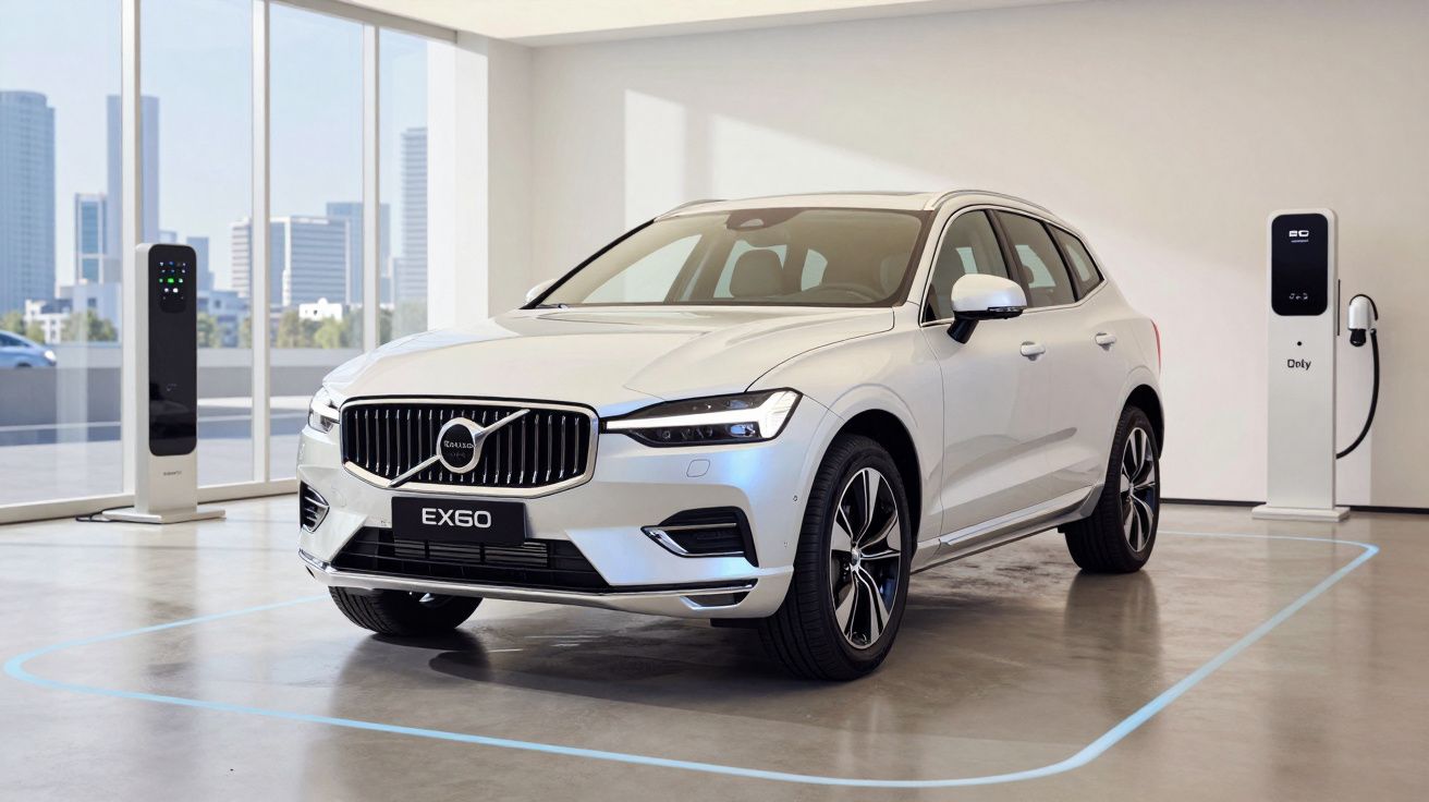 Carro eléctrico Volvo EX60 branco estacionado numa garagem com postos de carregamento elétrico.