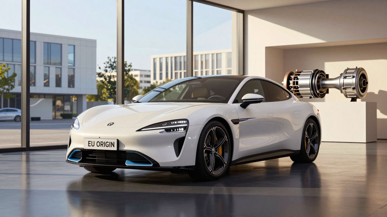 Carro elétrico desportivo branco estacionado em sala moderna com arquitetura minimalista e janelas grandes.