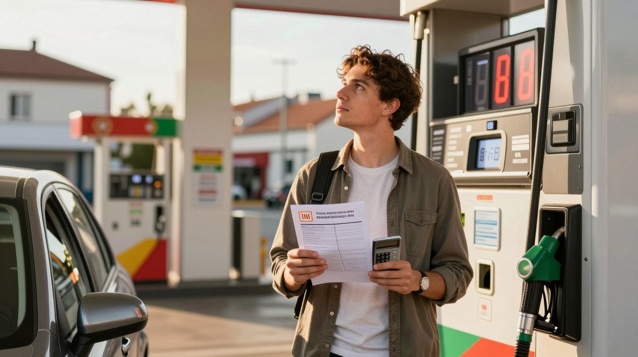 Homem jovem com mochila segura papel e calculadora junto a bomba de gasolina num posto de combustível.