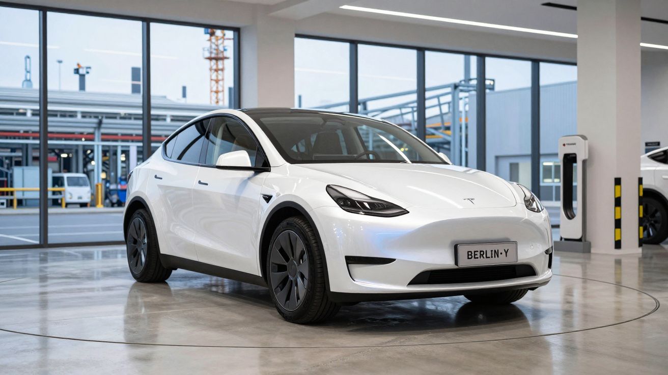 Carro elétrico branco Tesla Model Y estacionado numa oficina moderna com piso e paredes claras.