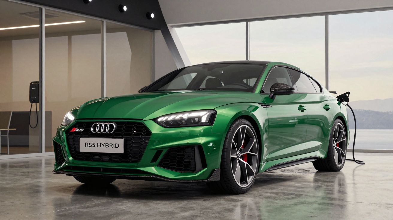 Carro Audi RS5 Hybrid verde a ser carregado numa garagem moderna com grandes janelas panorâmicas.