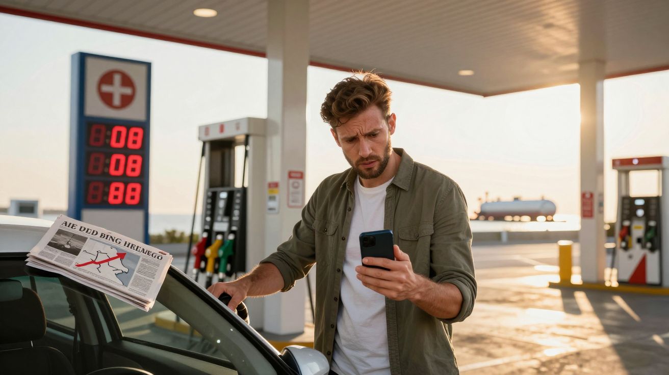 Homem preocupado a olhar para o telemóvel enquanto abastece carro numa bomba de gasolina ao pôr do sol.