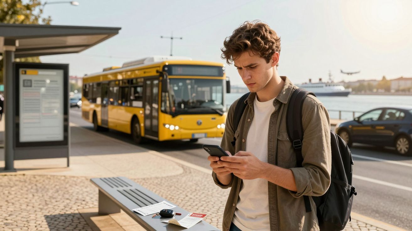 Jovem com mochila consulta o telemóvel numa paragem de autocarro amarelo junto a um cais com barco ao fundo.
