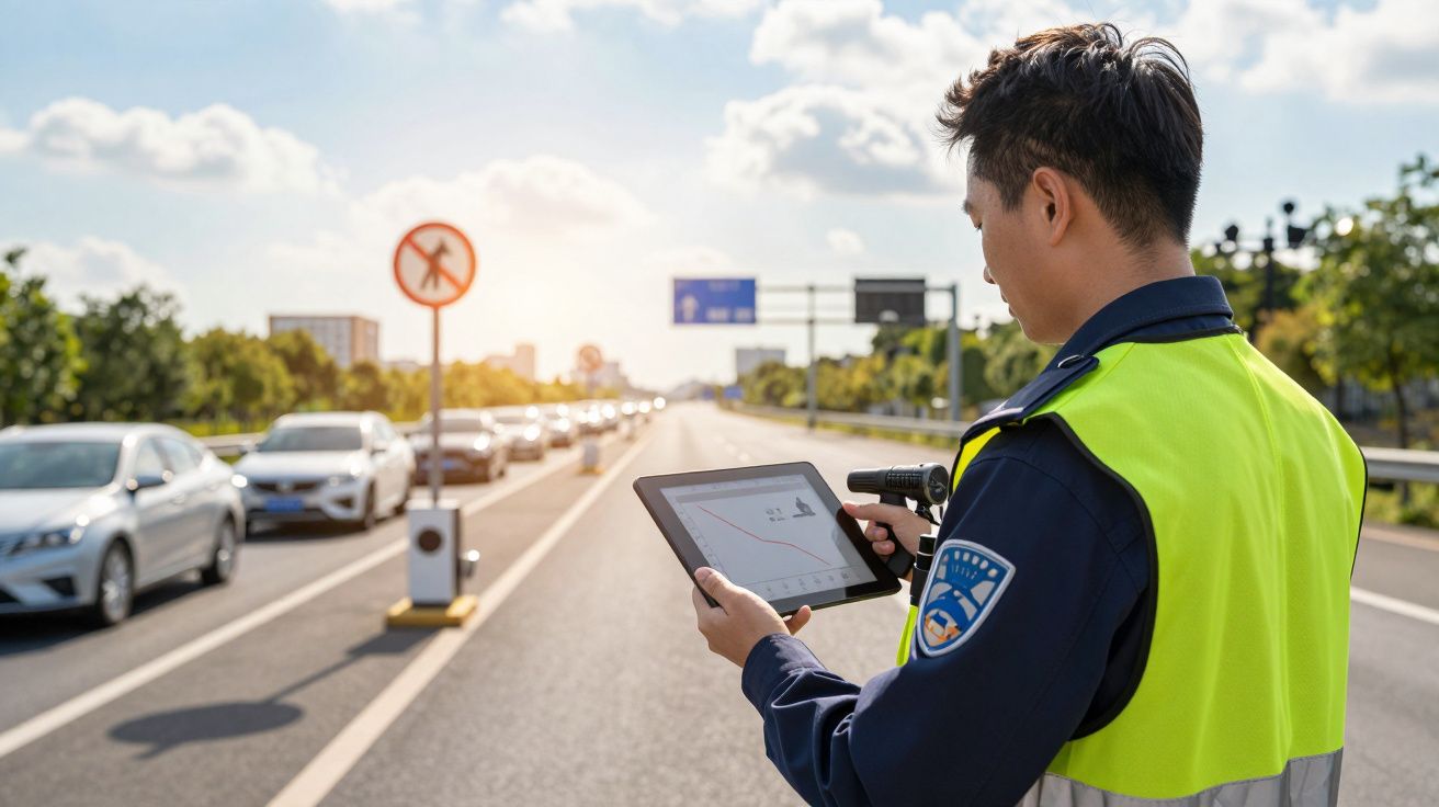 Polícia de trânsito a controlar velocidade com radar numa estrada movimentada ao pôr do sol.