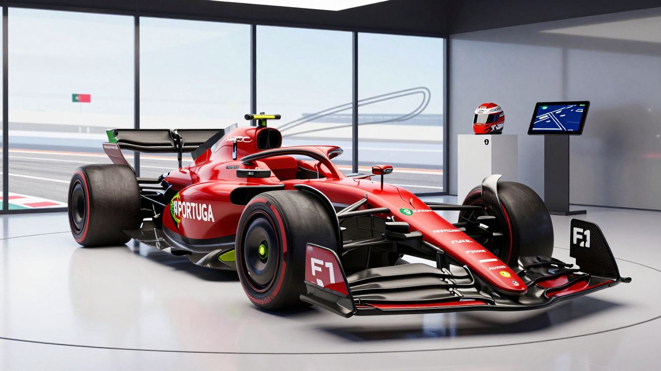 Carro de Fórmula 1 vermelho com a palavra "PORTUGA" numa sala de exposição moderna com capacete e ecrã nas paredes.