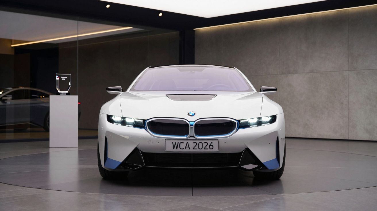 Vista frontal de um carro BMW branco em exposição num ambiente moderno e minimalista.