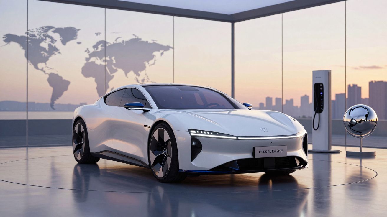 Carro elétrico branco futurista numa sala com vista para cidade e mapa-mundi na parede.