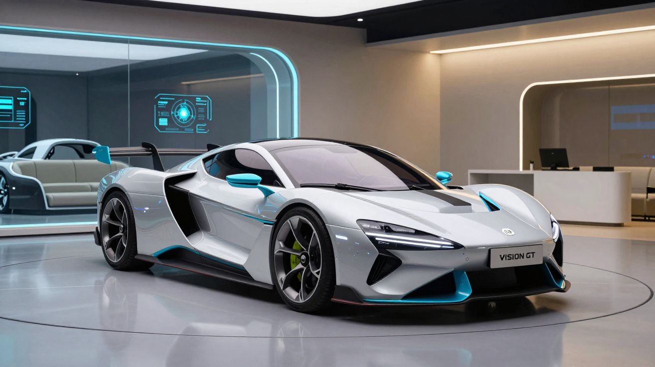 Carro desportivo elétrico cinza e azul em exposição moderna com parede de vidro e ecrãs digitais ao fundo.