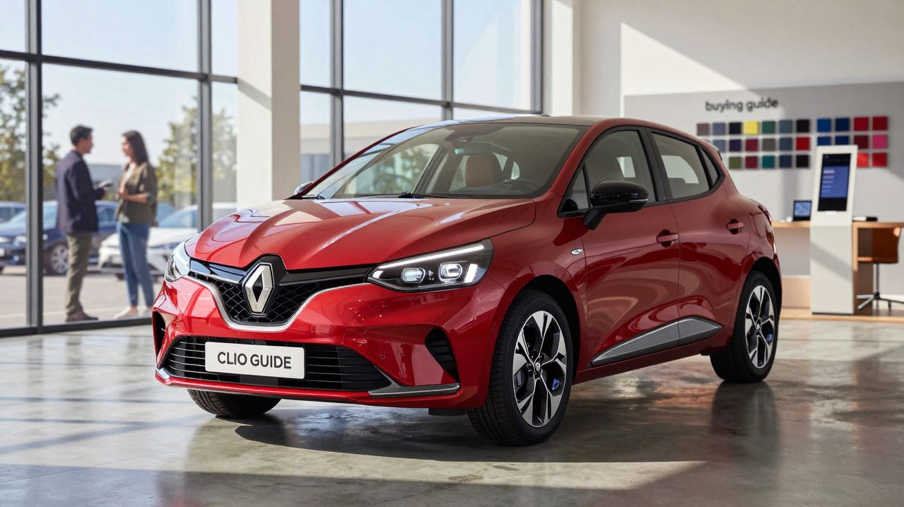 Renault Clio vermelho estacionado em salão de vendas com duas pessoas conversando ao fundo.