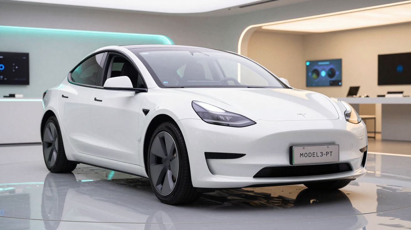 Carro elétrico Tesla Model 3 branco estacionado em espaço interior moderno e minimalista.