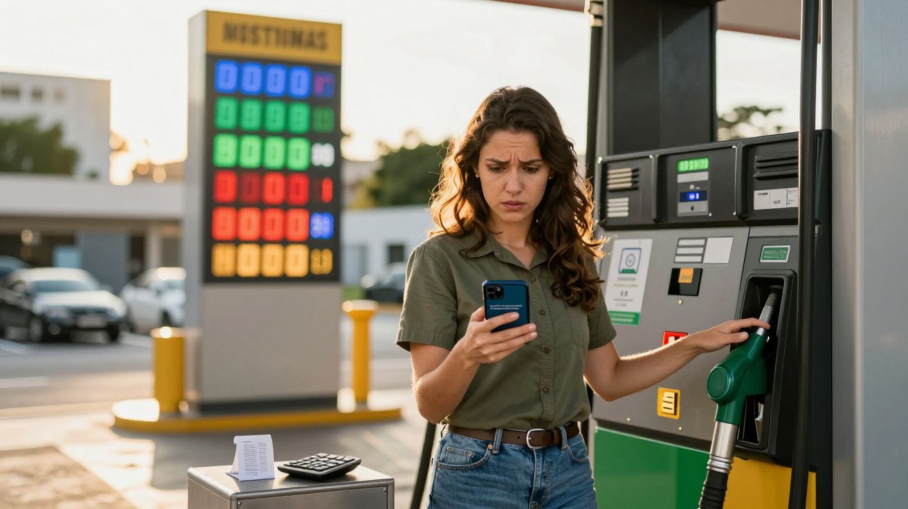 Mulher com expressão preocupada segura telemóvel junto a bomba de combustível numa estação de serviço.
