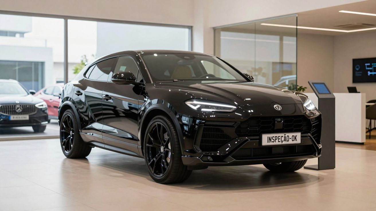 SUV preto elegante exposto em stand automóvel com placa "INSPEÇÃO OK".
