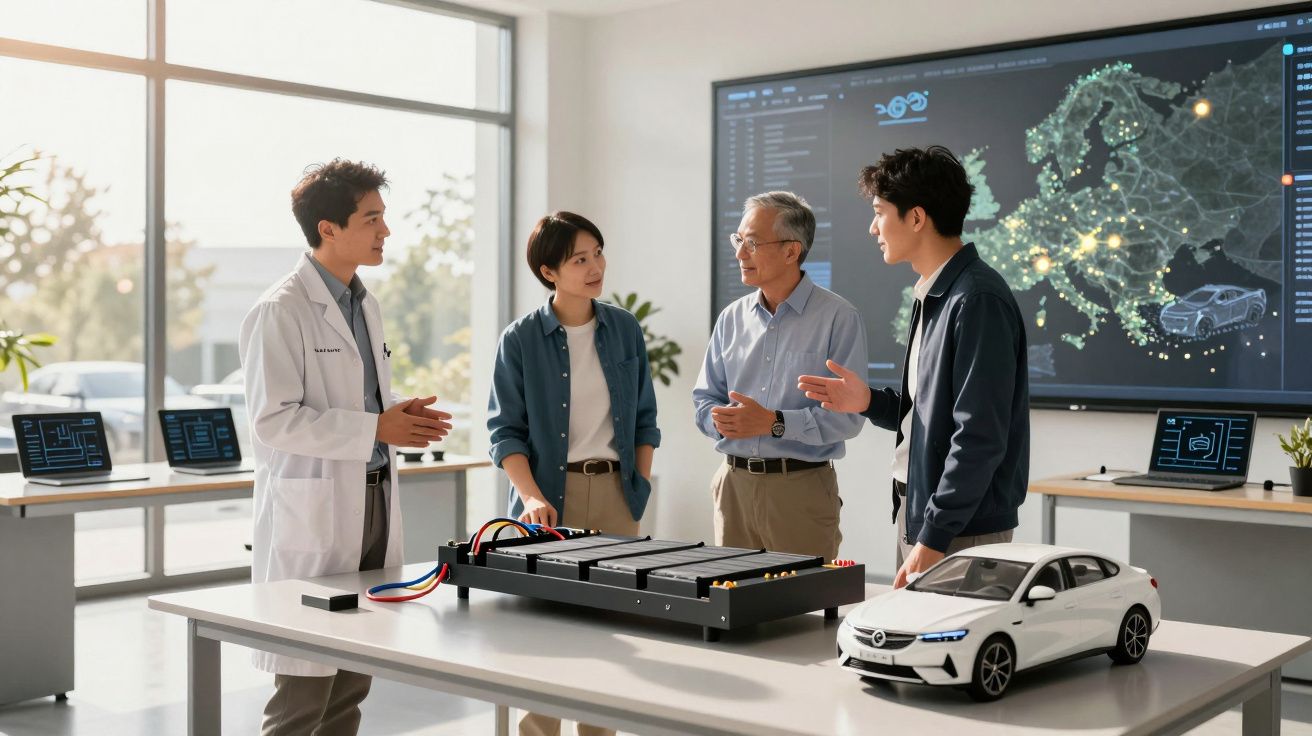 Quatro pessoas discutem um projeto de bateria para veículos elétricos numa sala com ecrãs digitais e modelo de carro.