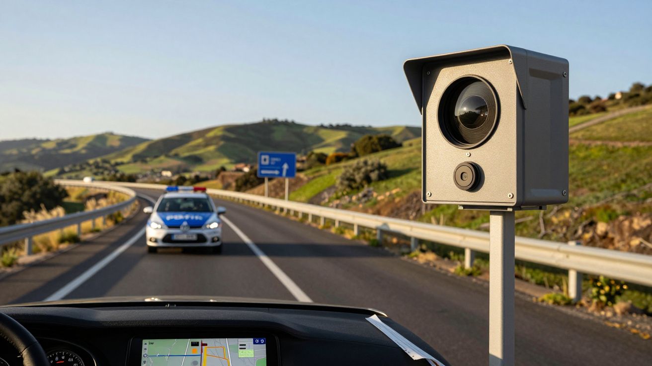 Radar de velocidade rodoviário com viatura policial visível ao fundo numa estrada nacional.