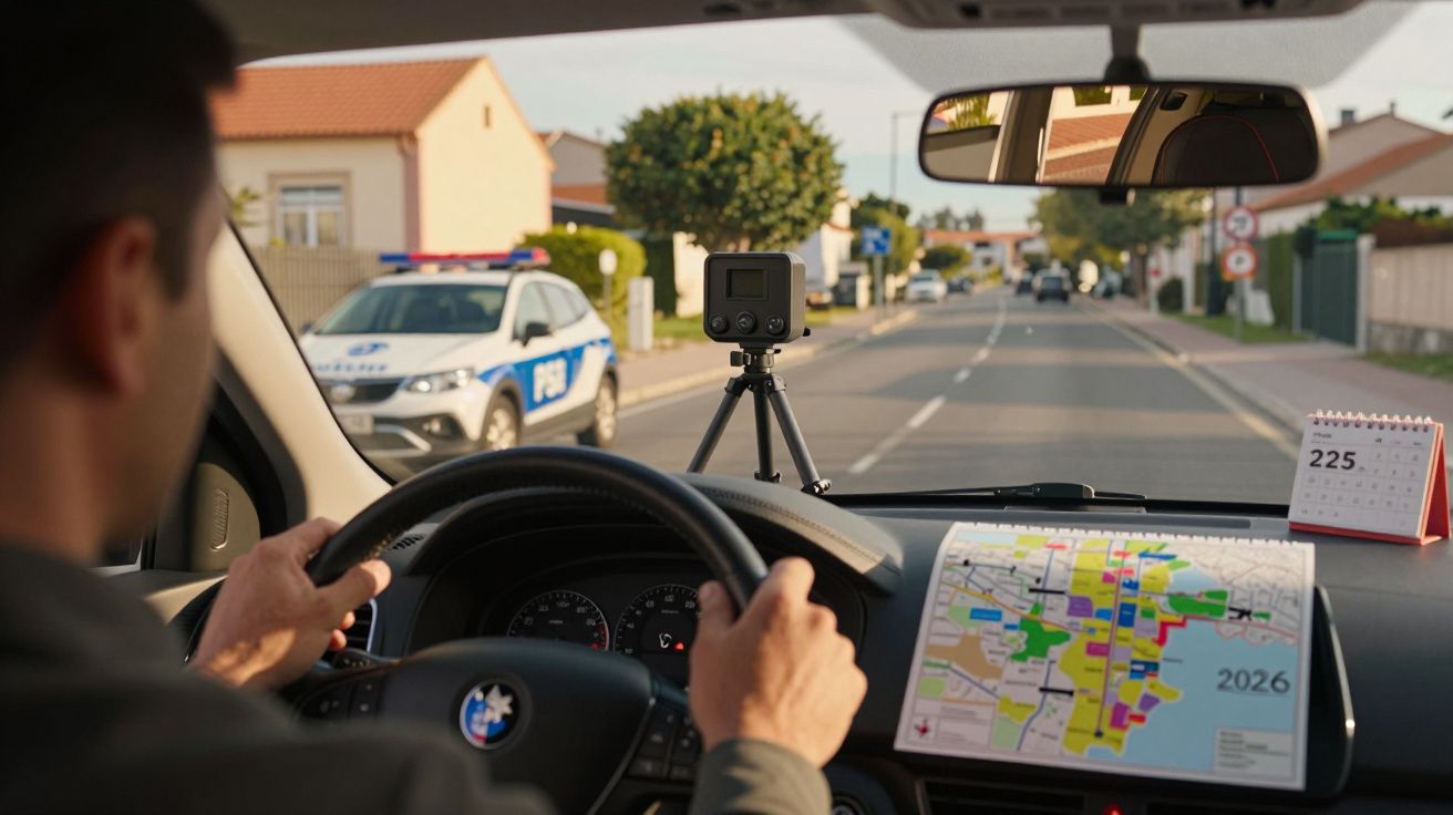 Condutor num carro com GPS no tablier e radar de velocidade montado, enquanto a polícia se aproxima na via.
