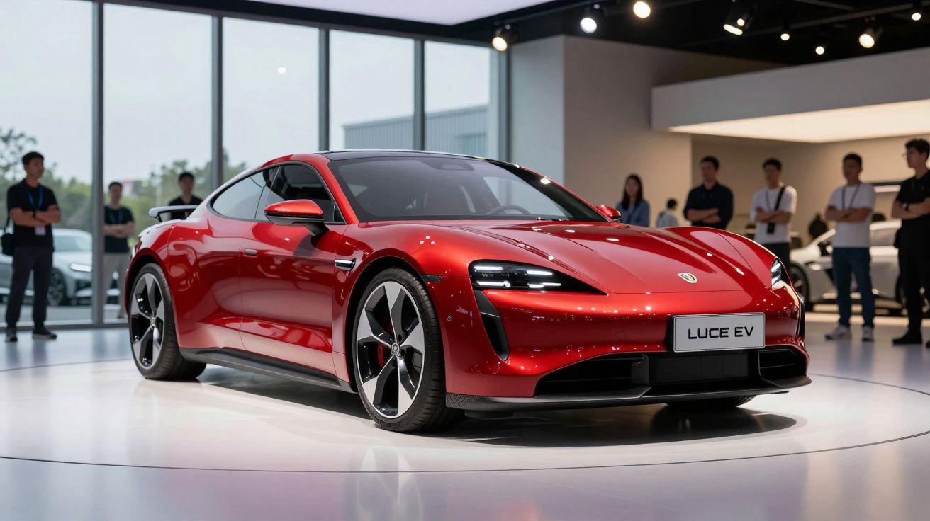 Carro desportivo elétrico vermelho Luce EV exposto em salão, pessoas ao fundo observando.