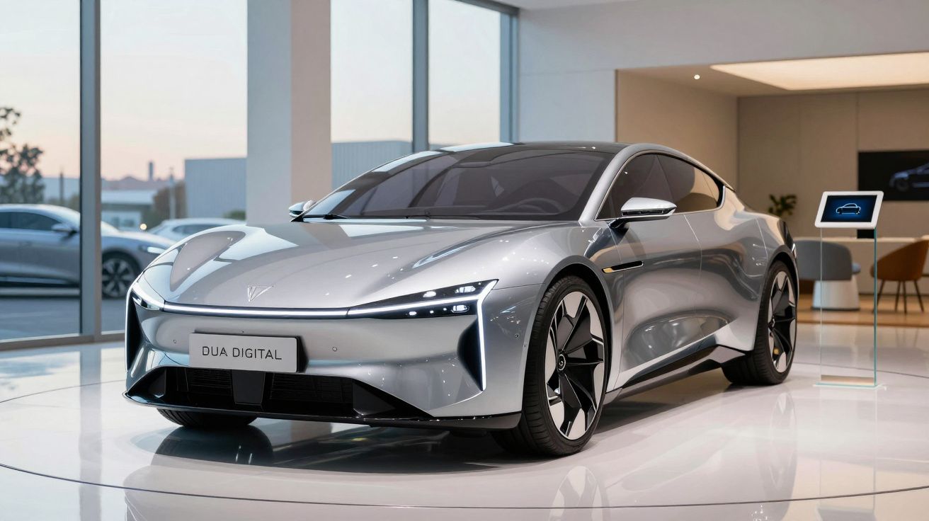 Carro elétrico futurista prata em exposição interior, com design aerodinâmico e jantes modernas.